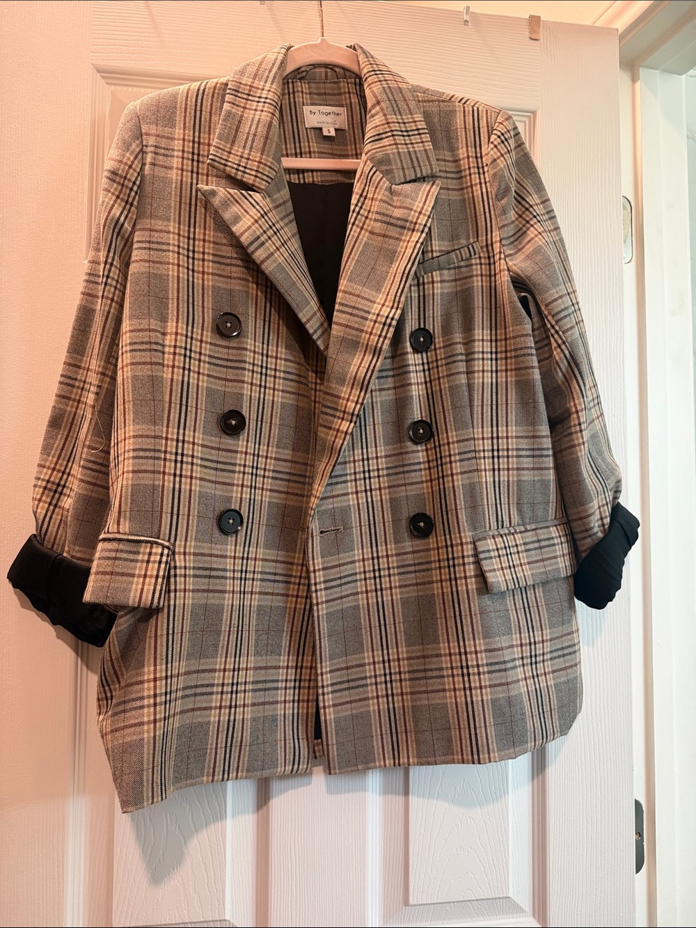 By Together Plaid Double-Breasted Blazer in Brown and Tan